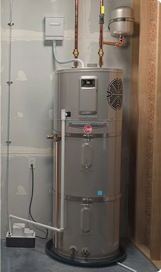Rheem Performance Platinum Hybrid Electric Heat Pump Water Heater can be installed in your basement, garage or utility closet. The slim profile and top and bottom connections make it a great replacement for an electric or even gat tank type water heater.